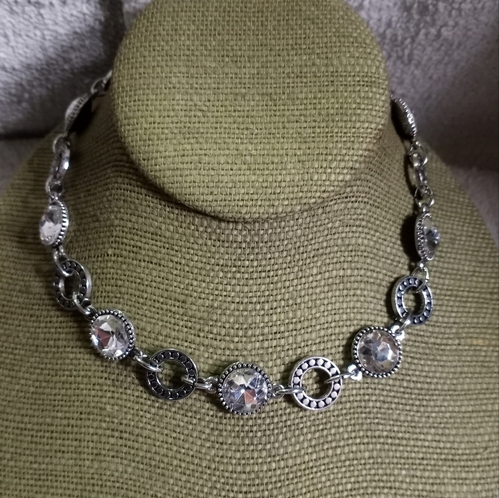 Silvertone Crystal Necklace choker collar